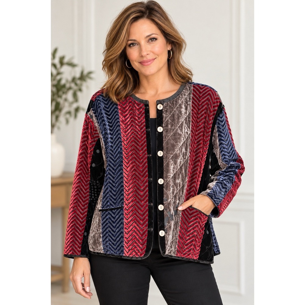 Koos of Course Velvet Jacket Size 2X Soft Silk Rayon Art to Wear Quilted Button